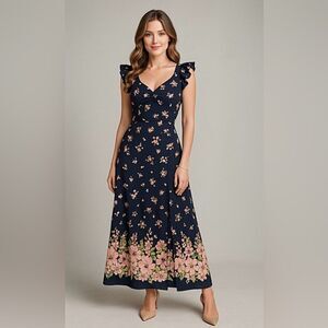 Teeze Me Floral Peasant Crepe Maxi Dress Navy Rose - Size 5 NWT